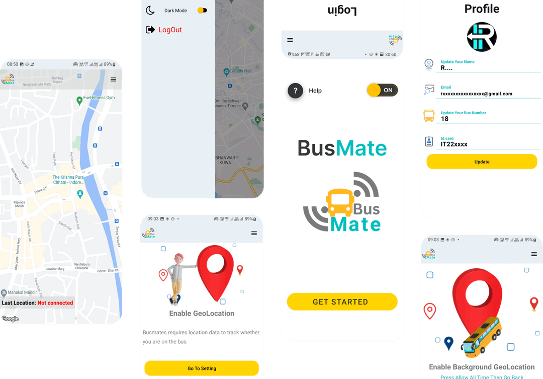 Light mode app screenshots showing all screens